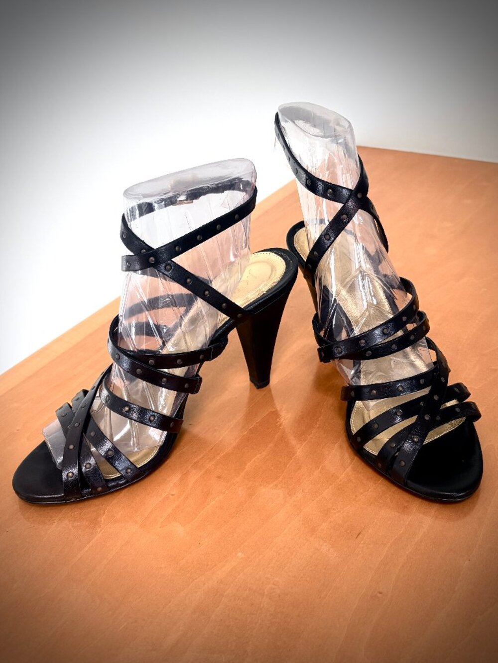 J. Crew Reese Studded Black Leather Strappy Heeled Sandals, 7M